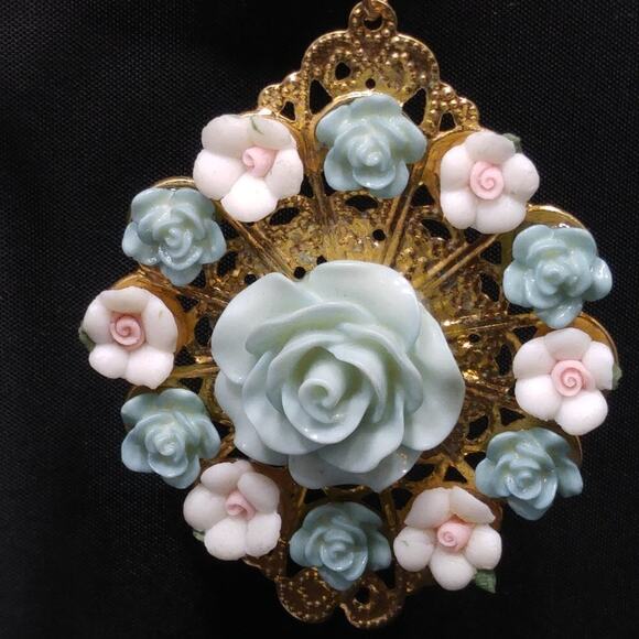 Vintage Floral Filigree Gold Post Dangle Earrings, Pink Blue Flowers, 3 Inches - Picture 7 of 12